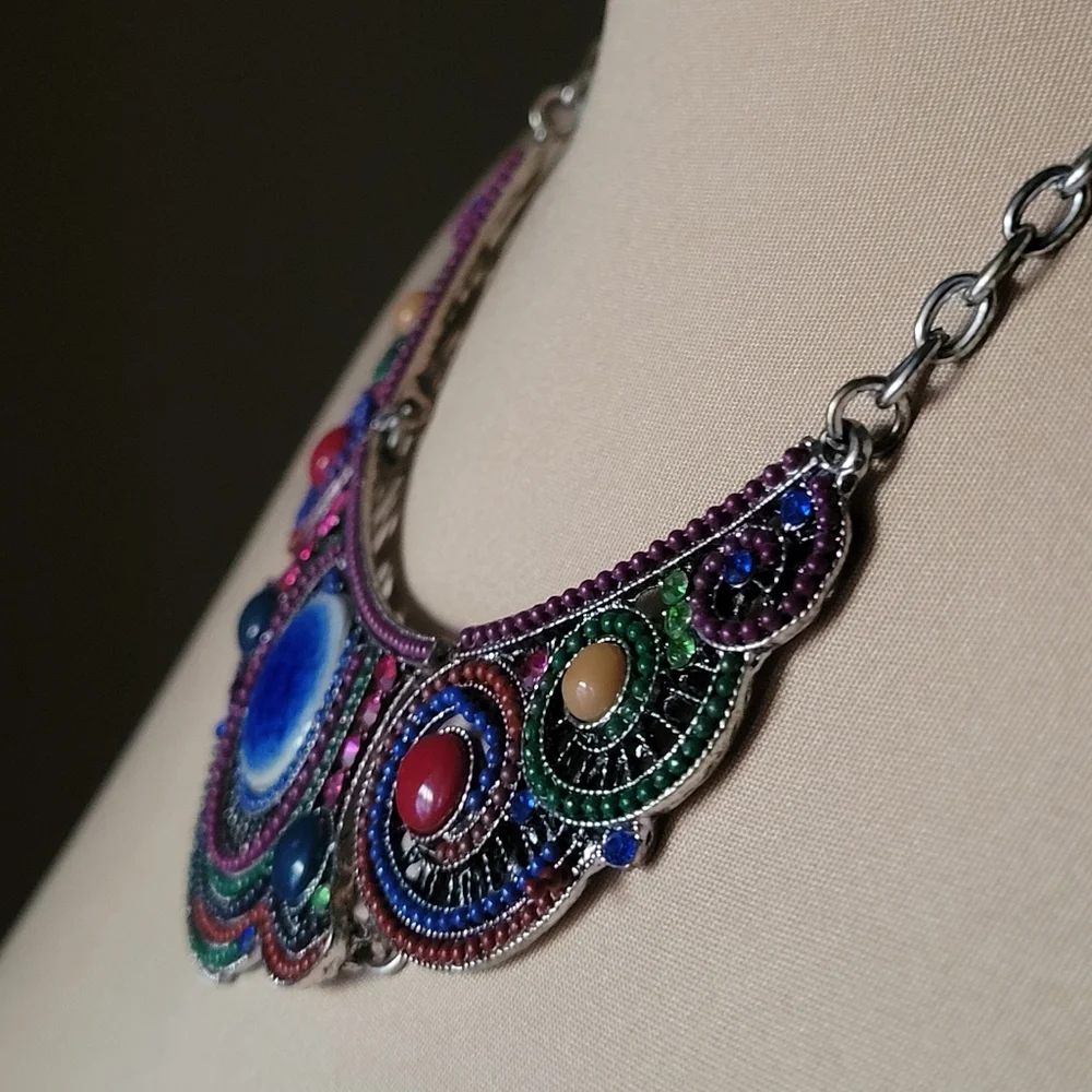 Statement Bib Necklace with Colorful Beading and Stone Accents - Picture 3 of 7